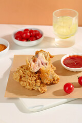 Crispy Fried Chicken Thighs with Tomatoes and Ketchup on Wooden Serving Board
