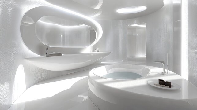 Modern white bathroom with curved tubs, serene spa atmosphere, ideal for relaxation and wellness websites