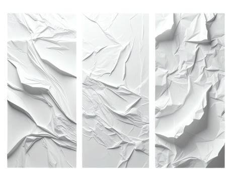 Three panels of crumpled white paper