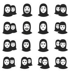 Muslim women in hijab avatar icons with various emotions.