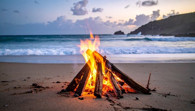 Beach bonfire at dusk with ocean waves and distant hills. - Powered by Adobe