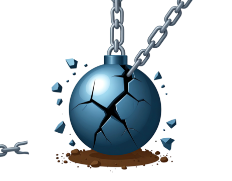 A cracked, dark-blue sphere, chained, on dirt