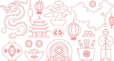 Red Line Art Chinese New Year Dragon, Lanterns, Temple, and Traditional Cultural Elements