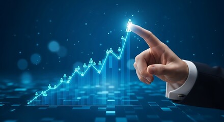Fingertip touches glowing blue stock market graph indicating growth and success