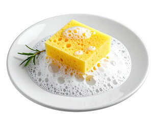 Yellow sponge in soapy bubbles