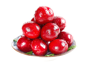 Fresh Red American Cherries with Water Drops on Plate - Premium Summer Fruit Display