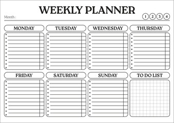 Minimalist weekly planner template with clean layout and to do list section, black and white printable organizer design for productivity, schedule management, and digital stationery use