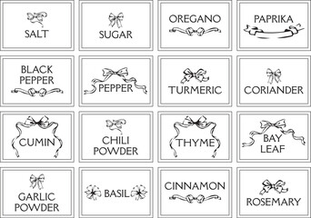 Vintage spice label set black and white minimalist design, printable kitchen jar tags for herbs and seasonings, elegant pantry organization template with classic decorative frame style