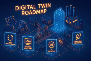 Fototapeta premium Futuristic digital twin roadmap concept showing industrial buildings, robotics, AI prediction, and clean energy. Ideal for smart manufacturing, automation, and Industry 4.0.