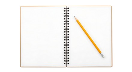 Open spiral notebook with blank pages and yellow pencil ready to write