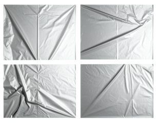 Four square images of crumpled plastic sheeting