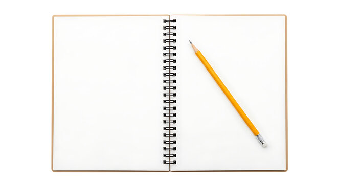 Open spiral notebook with blank pages and yellow pencil ready to write
