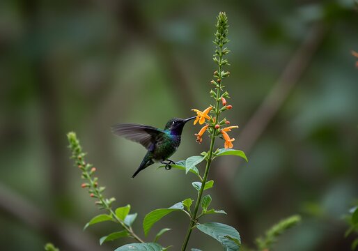 A vibrant hummingbird with iridescent plumage sips nectar from an orange flower in a lush green environment.