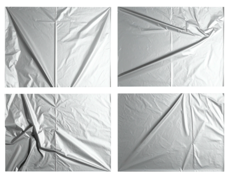 Four square images of crumpled plastic sheeting