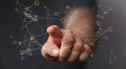 Hand touching abstract network. Concept of connectivity, digital interaction, and data transfer. Representing the idea of connection and the net
