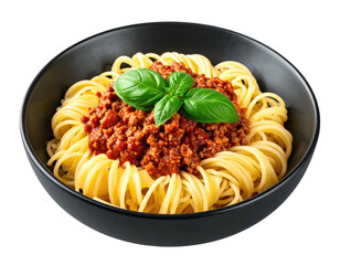 A bowl of spaghetti with meat sauce, garnished with fresh basil