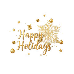 Golden Happy Holidays Text with Glitter Snowflake & Ornaments on transparent background