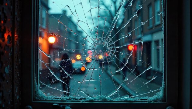 Shattered Window Aftermath of a Violent Home Invasion, revealing a chaotic and destructive scene indicative of a forceful break-in, highlighting the societal impact of violent crime.