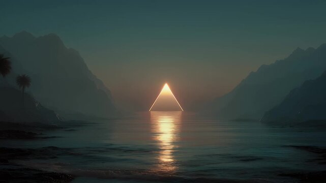 Yellow triangle hovering above pastel ocean, with palm-shaped hills in background