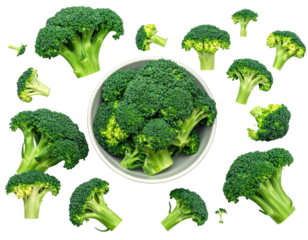 Fresh broccoli florets arranged around a bowl