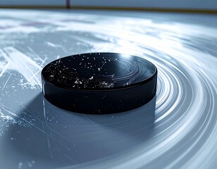 Hockey Puck Close-up: The image captures a close-up of a standard hockey puck resting on the ice surface, showcasing the texture and detail of the game's central object.
