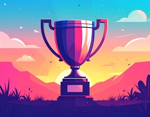 Trophy of Triumph: A majestic trophy sits proudly, set against a stunning backdrop of a vivid sunset, symbolizing achievement, glory and success.