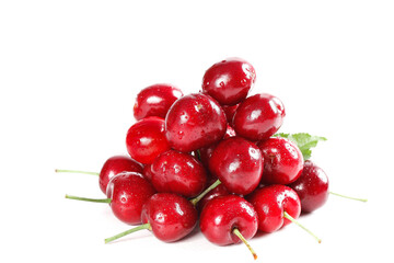 Fresh Red Cherries with Water Droplets on White Background - Premium Fruit Photography