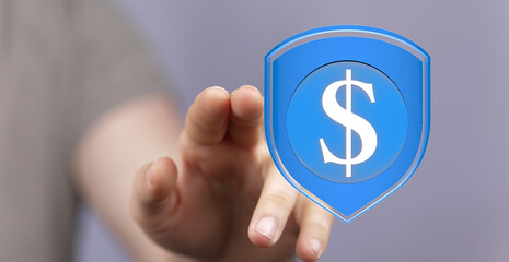 Secure your finances! Image depicts a hand reaching for a digital dollar sign shield, symbolizing...
