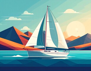 Sailboat's Serene Voyage: A vibrant sailboat elegantly navigates across a shimmering sea, its sails billowing gently against a backdrop of colorful mountains and a radiant sun.