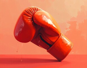 Red boxing glove with liquid flowing : A striking image of a single red boxing glove is depicted, with liquid, possibly sweat, cascading from it.