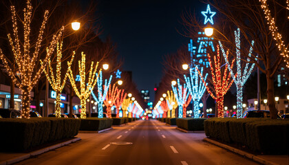Christmas lights street glowing with colorful bulbs at night, modern style, emotional  