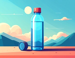 Hydration Oasis: A pristine bottle of water, reflecting the clear, refreshing essence of life, rests against a backdrop of mountains under a radiant sky.