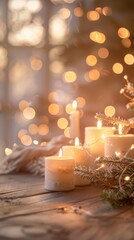 Vertical Blurred Christmas Lights and Candles with Empty Table