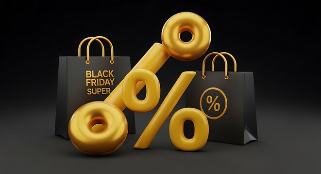 Photo of golden percentage symbol and shopping bags with black friday super text on a dark background, symbolizing discounts and sales