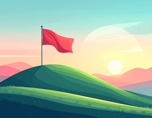 Golf Course Scene: The perfect moment of a serene golf course on a bright and sunny day. The red flag flutters atop a lush green hill, the sun is shining down.