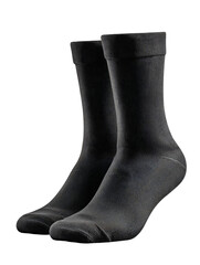 A pair of classic black crew socks with a subtle vertical rib texture, isolated on a light background. This clean, essential item is ideal for fashion, apparel mockups, or everyday wear.