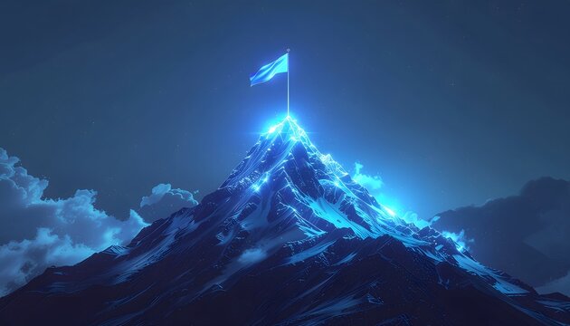 Glowing mountain summit with victory flag planted high resolution photo