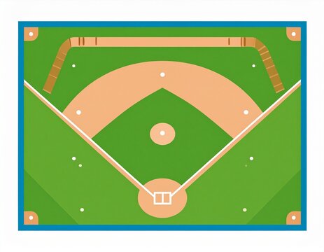 Baseball Field Illustration: Overhead view of a baseball field showcasing the layout, featuring the batter's box, pitching mound, and bases. Ideal for sports and game-related visuals.