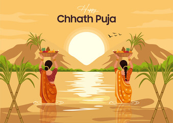 Chhath Puja vector background – women offering arghya to the sun god in river scene