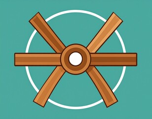 Rotating wooden elements: A simplistic illustration of a symmetrical wooden design, depicting a circular arrangement of intersecting elements on a vibrant backdrop.