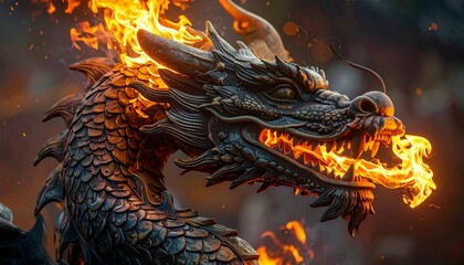 Fiery Dragon Head with Intense Flames and Smoke.