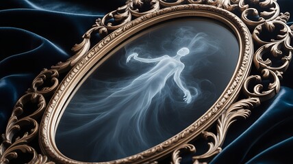 Ghostly apparition reflected in an ornate oval mirror.
