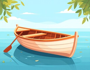 Serene Boat on Water: A charming rowboat gently drifts upon tranquil water, under a bright, sunny sky, hinting at peaceful journeys and the joy of simple exploration.