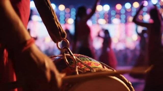 Musician's Hands Playing a Dhol Drum at a Navratri Music Festival. 