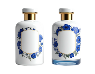 Two perfume bottles, white and blue floral design