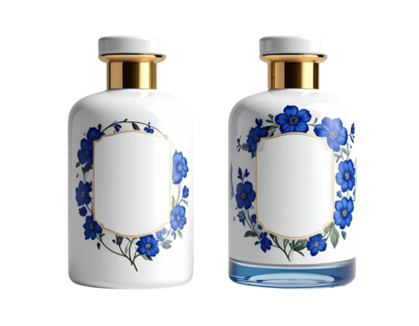 Two perfume bottles, white and blue floral design