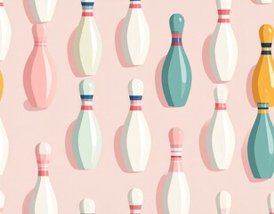 Strikes and Spares: A colorful assortment of bowling pins stand in patterned formation. These pins, in shades of pastel, represent the competitive spirit of bowling, a classic game.
