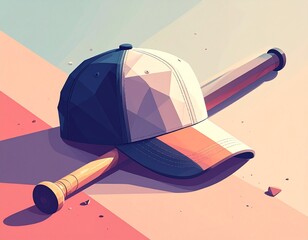 Baseball gear art: A captivating art piece showcases a baseball bat, and cap in a creative and colorful arrangement. Evoking the spirit of sport. 