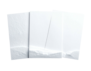 Three white cards stacked, textured like snow, with a vertical line