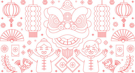 Fototapeta premium Red Outline Chinese New Year Lion Dance, Lanterns, Children, and Festive Decorations